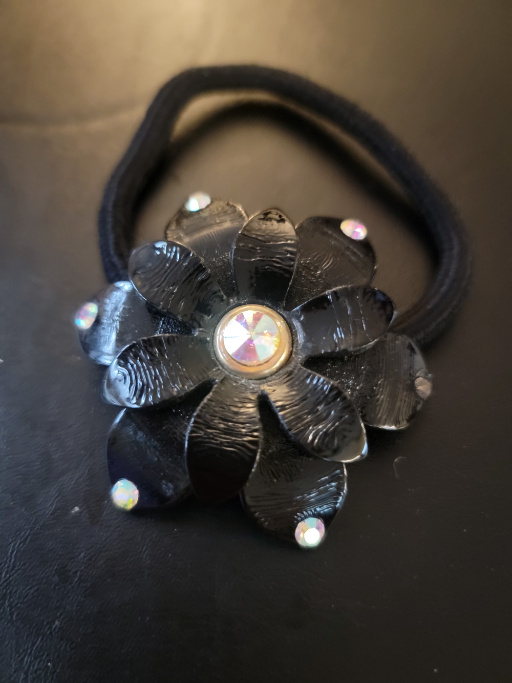 Black Floral Rhinestone Elastic Hair Tie